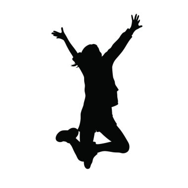 Zıplayan, kollarını kaldıran, beyaz tenli bir kadının silüeti.