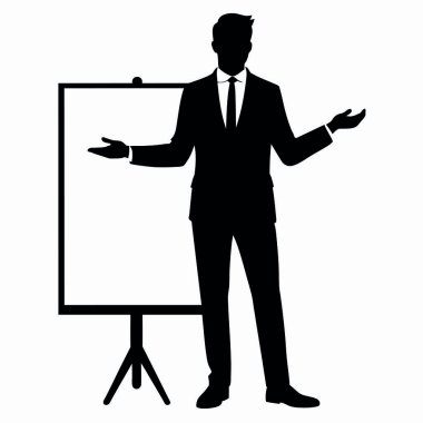 Boş bir sunumla takım elbiseli bir adamın vektör çizimi