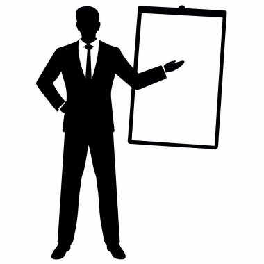Genç bir iş adamının vektörü. Elinde bir pano ve boş bir tabela var..