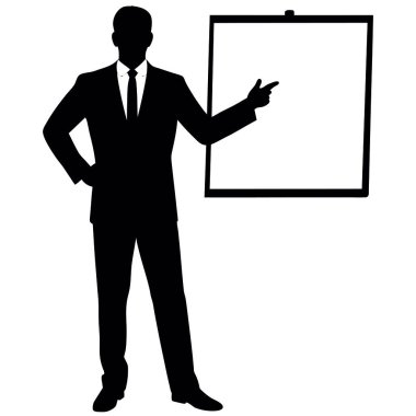 Boş afişi olan iş adamı, vektör illüstrasyonu, siyah beyaz