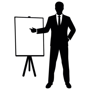Siyah takım elbiseli, beyaz tahtalı bir işadamı..