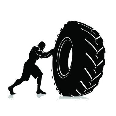 Beyaz arka planda tekerleği olan bir adamın silueti.