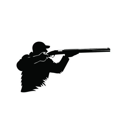 Beyaz arka planda silahlı siyah siluetli avcı.