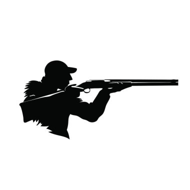 Beyaz arka planda tüfeği olan bir avcının silueti..