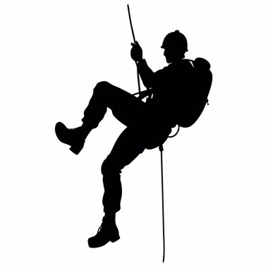 Siluet tırmanıcı halatla kayaya tırmandı..