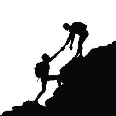 Sırt çantasıyla dağa tırmanan bir adamın vektör silueti. resimleme.