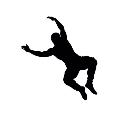 Beyaz arka planda zıplayan bir adamın siyah silueti.