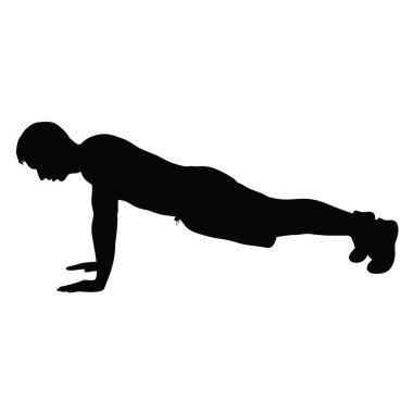 Siyah tişörtlü bir adamın silüeti. Vektör çizimi. Siyah spor giyen genç bir kadın egzersiz yapıyor..