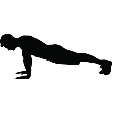 Adam paspasın üstünde egzersiz yapıyor. Yoga yapan genç adamın silueti. Fitness egzersizi. izole vektör illüstrasyonu.