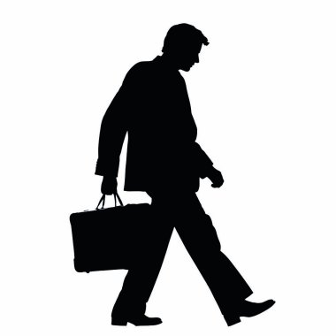 Beyaz arka planda yürüyen evrak çantalı bir adamın silüeti.