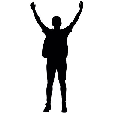 Kaldırılmış elleri olan genç bir adamın silueti. beyaz üzerine izole