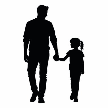 Beyaz arka planda yürüyen bir baba ve kızın vektör çizimi.