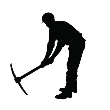 Beyaz arkaplanda küreği olan işçinin vektör silueti.