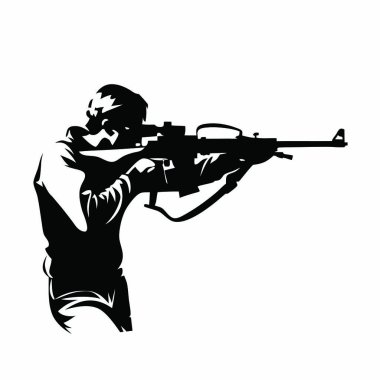 Beyaz arka planda otomatik tüfeği olan bir adamla vektör silueti..