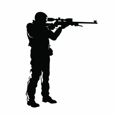 Beyaz arka planda tüfek silueti olan bir adam. vektör
