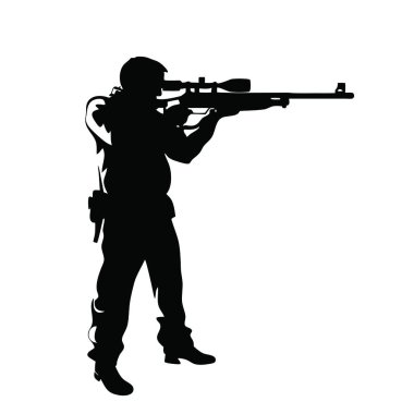 Beyaz arka planda silahı olan askerin silueti. vektör illüstrasyonu