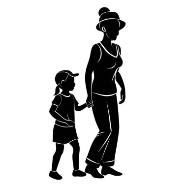 Çocuklu bir ailenin silueti. Anne oğul yürüyor. siyah ve beyaz vektör çizimi.