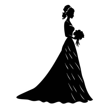 Duvağı olan gelin, siyah siluet vektörü, düğün illüstrasyonu.
