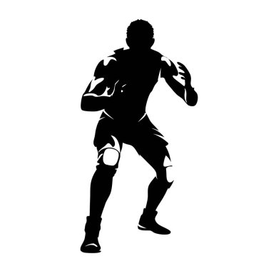 Beyaz arka planda rugby oynayan bir adamın vektör silueti.