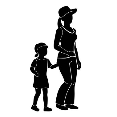 Beyaz arka planda kızı olan bir anne silueti.