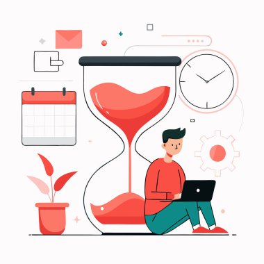 Beyaz kazaklı ve masada kırmızı saati olan genç bir adamın vektör çizimi. zaman yönetimi ve çalışma kavramı.