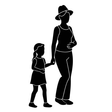 Beyaz arka planda bebeği olan anne silueti.