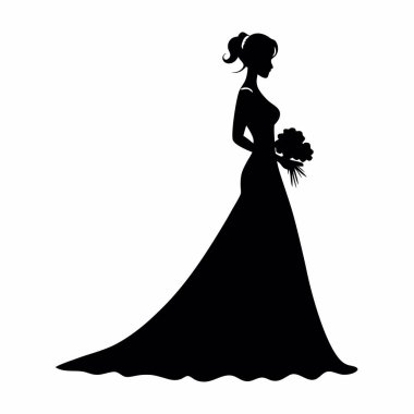 Elinde gül buketiyle siluet gelin. vektör illüstrasyonu