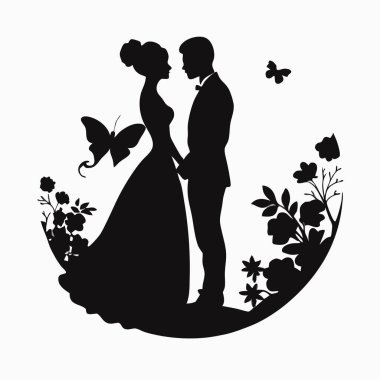 Çiçekli siluet gelin ve damat, düğün illüstrasyonu, vektör