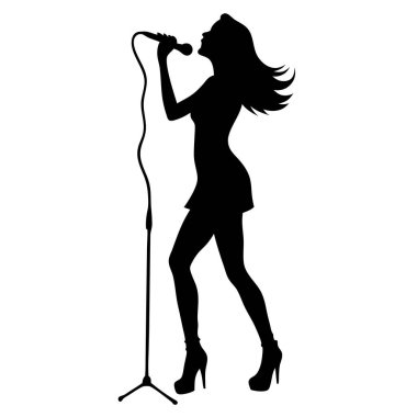 Mikrofon taşıyıcısı olan kız. Siyah ve beyaz çizimler. Mikrofonlu kız