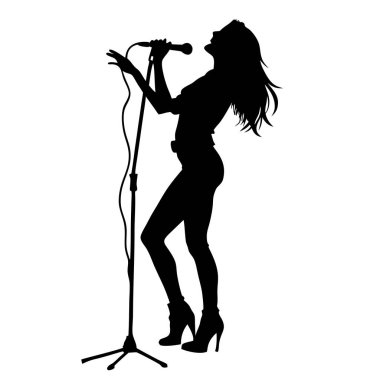 Mikrofonlu bir kadın silueti. vektör.