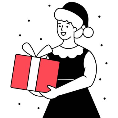 Noel hediyesi vektör çizimi tasarımı olan genç bir kadın.