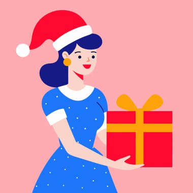 Hediye kutusuyla Noel Baba şapkalı kız. Hediyesi olan mutlu bir kadın. Düz stil vektör çizimi. Noel, yeni yıl konsepti, yeni yıl ve yeni yıl.