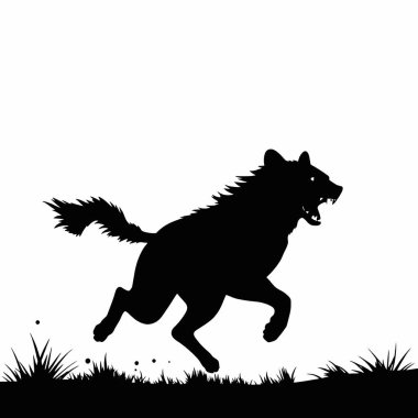 Otların arasında koşan siyah bir kurdun silueti.