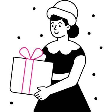 Mutlu kadın hediyesini, doğum gününü ya da Noel partisini tutuyor. vektör illüstrasyonu