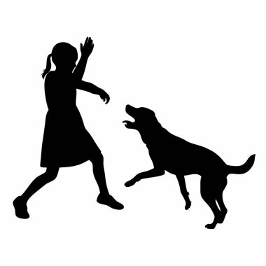 Köpekli kızın vektör silueti. Beyaz arka planda köpeği olan köpek..