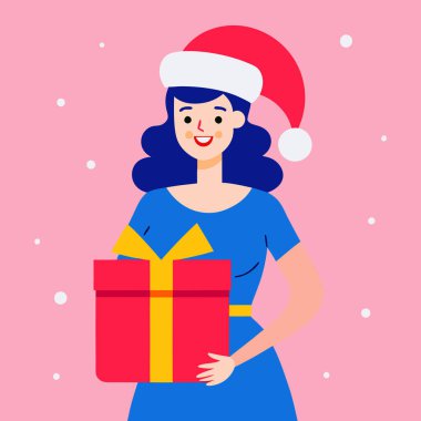 Büyük bir hediye kutusu tutan mutlu noel kadını. Düz biçimdeki vektör illüstrasyonu.