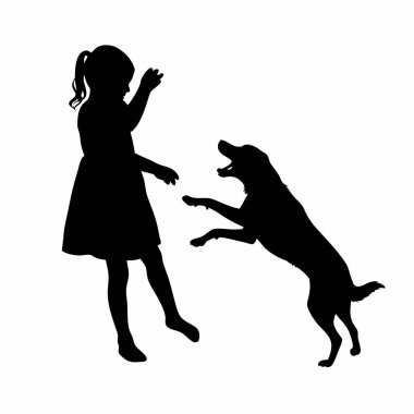 Köpekle oynayan kızın vektör silueti