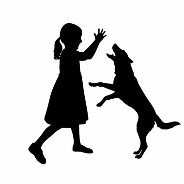 Beyaz arka planda köpekle oynayan kızın vektör silueti.