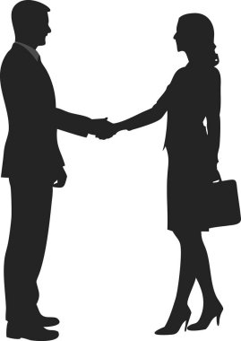 Başarılı bir iş anlaşmasını, ortaklığı ve anlaşmayı sembolize eden bir iş kadını ve işadamının el sıkışmasını gösteren güçlü bir siyah beyaz vektör çizimi. Sözleşme imzalama, işbirliği, takım çalışması ve şirket kavramları için ideal