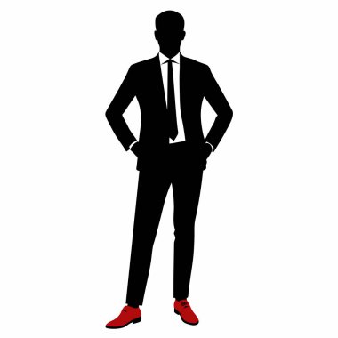 Şık ve kendine güvenen bir iş adamı silueti, takım elbise ve kravat giymiş, temiz beyaz bir arka planda göze çarpıyor. Onun canlı kırmızı ayakkabıları profesyonel imajına modern bir yetenek katıyor. Başarı kavramları için mükemmel, Lea.