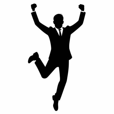 Sevinçli bir iş adamının silueti başarının kutlamasına atlıyor. Başarı, hırs ve kurumsal zafer için mükemmel bir örnek. Yüksek kaliteli vektör grafiği, beyaz arkaplanda izole edilmiş, iş sunumları, web siteleri ve