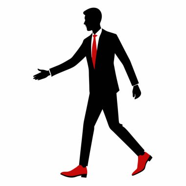Kırmızı kravatlı ve kırmızı ayakkabılı, kendine güvenen bir işadamı siluetinin minimalist bir temsili, izleyiciye doğru yürüyor, el sıkışma teklif ediyor. İş anlaşmaları, başarı, kariyer fırsatları ve kurumsal hırs kavramları için mükemmel..