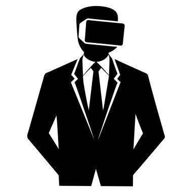 Modern vektör ikonu, VR kulaklık takan bir iş adamını resmediyor. Basit, siyah ve beyaz siluet tasarımı, sunumlar, web siteleri ve iş, teknoloji ve sanal gerçeklikle ilgili uygulama arayüzleri için ideal. Yenilikleri temsil ediyor, geleceği.