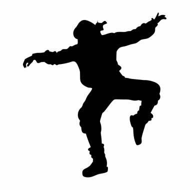 Genç break dansçının dinamik silueti, atlama ortasında, enerjik hareket ve güçlü atletizm sergiliyor. Hip hop kültürü, dans, gençlik enerjisi ve kentsel yaşam tarzıyla ilgili projeler için mükemmel. Yüksek kontrastlı siyah beyaz grafik, isola