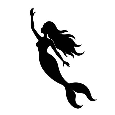 Zarif bir denizkızının zarif siyah beyaz silueti gökyüzüne doğru uzanıyor. Fantezi, peri masalı ya da deniz temalı tasarımlar için mükemmel. Yazdırma ve web kullanımı için yüksek çözünürlüklü vektör grafiği ideal. Güzelliği, özgürlüğü ve büyüyü temsil eder.