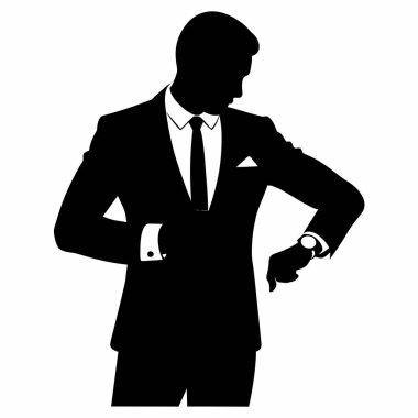 Saatini kontrol eden bir iş adamının silueti profesyonel bir iş ortamında dakiklik ve zaman yönetimini vurguluyor. Bitiş tarihleri, toplantılar, kurumsal başarı ve etkili liderlik kavramları için mükemmel. Yüksek kaliteli vektör grafiği, a