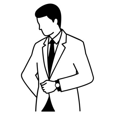 Takım elbiseli kendine güvenen bir iş adamının kol düğmelerini düzelten temiz, minimalist bir temsili. İş, finans ve kurumsal sunumlar, web siteleri veya pazarlama materyalleri için mükemmel. Siyah ve beyaz tasarım sonsuz ve profesyonelce