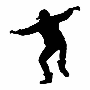 Karda oynayan neşeli, aktif bir çocuğun silueti. Kış temalı tasarımlar, tebrik kartları ya da çocuk kitapları için mükemmel. Vektör çizimi, siyah beyaz, beyaz arka planda izole edilmiş. Neşeli ve enerjik projeler için ideal. 