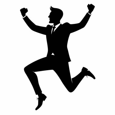 Bir iş adamının dinamik silueti başarılı bir sıçramayı kutluyor, iş dünyasındaki başarıyı ve başarıyı simgeliyor. Hırs, liderlik ve kurumsal zafer kavramları için mükemmel. Yüksek etkili vektör grafiği, sunumlar ve web siteleri için ideal, 