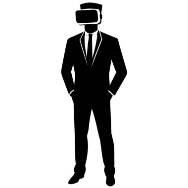 İş dünyasının ve teknolojik yeniliklerin geleceğini temsil eden VR kulaklık takan bir iş adamının silueti. Sanal gerçeklik, teknoloji, sunumlar, web siteleri ve pazarlama materyalleri için basit ve modern bir grafik tasarımı.